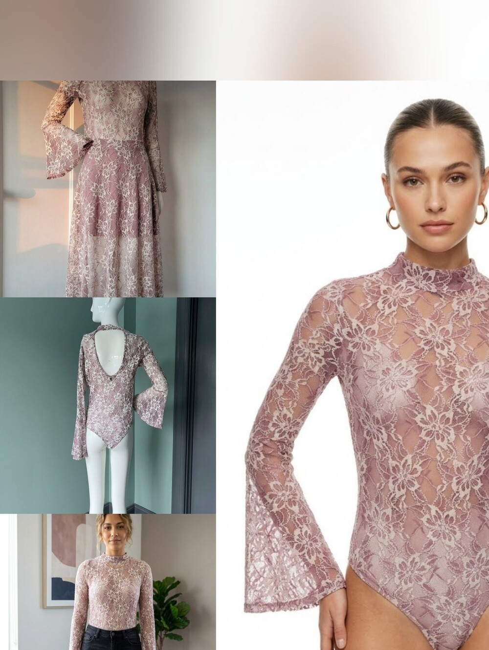cleo Lace Bell-Sleeve Long-Sleeve Bodysuit Dress in Dusty Rose